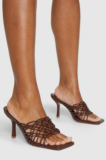 Chocolate Brown Square Toe Weave Lattice Heeled Mules