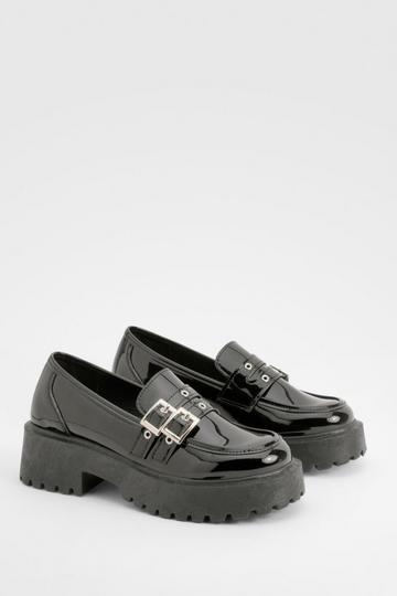 Black Patent Buckle Detail Chunky Sole Loafers