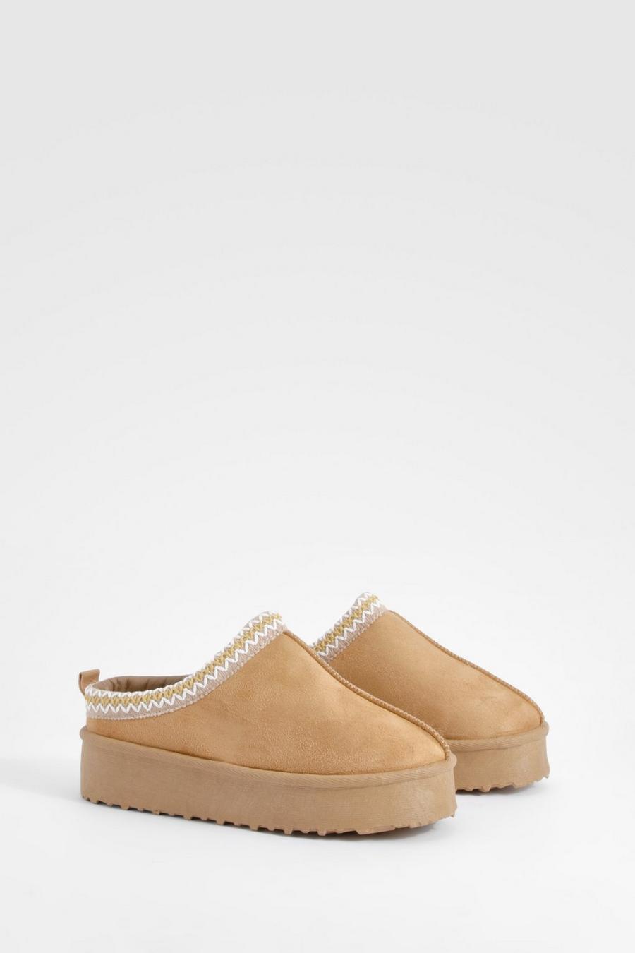 Sandali Mules comodi con zeppa e ricami, Chestnut