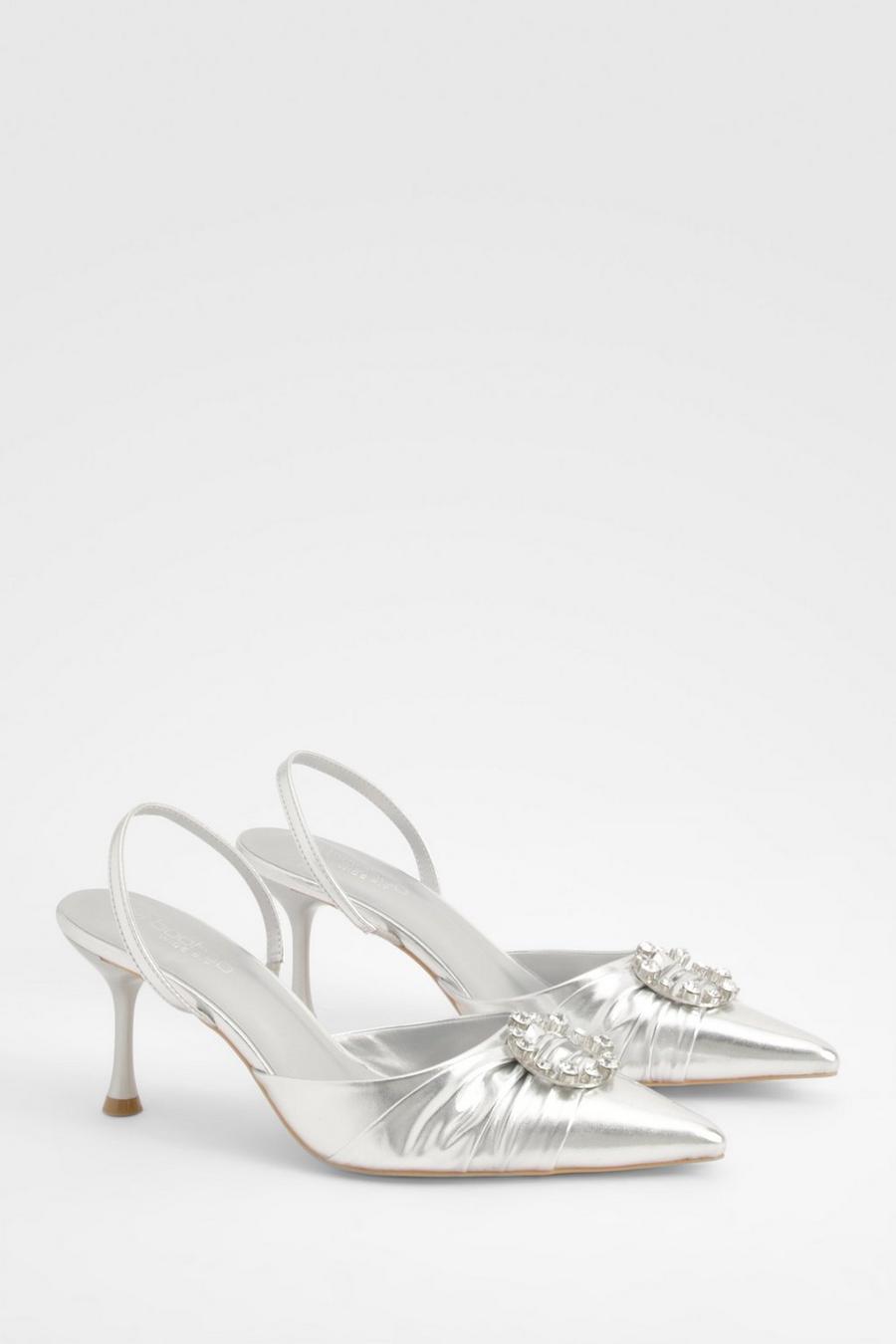 Silver Wide Fit Metallic Slingback Embellished Court Shoes  