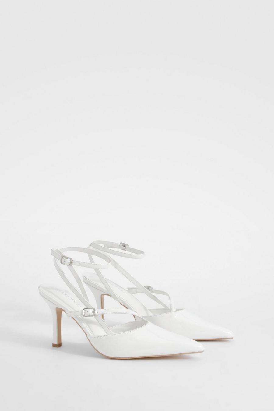 White Patent Asymmetric Strap Pointed Pumps image number 1