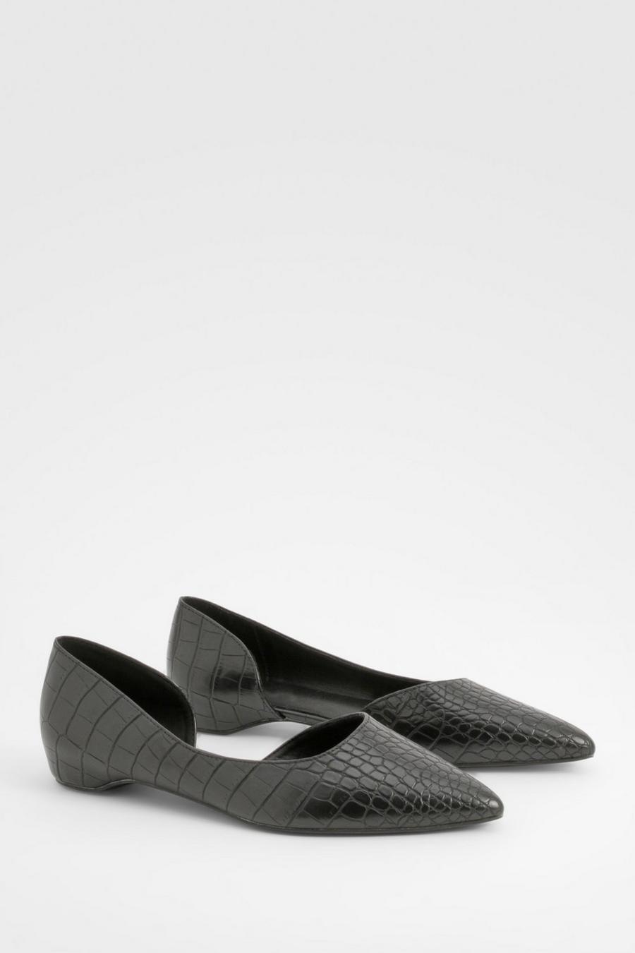 Black Wide Width Cut Out Croc Pointed Flats image number 1