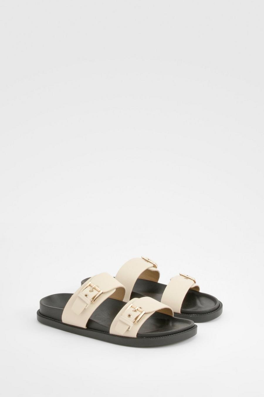 Cream Double Strap Footbed Buckle Sliders   