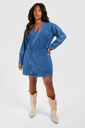 Plus Puff Sleeve Denim Wrap Dress blue