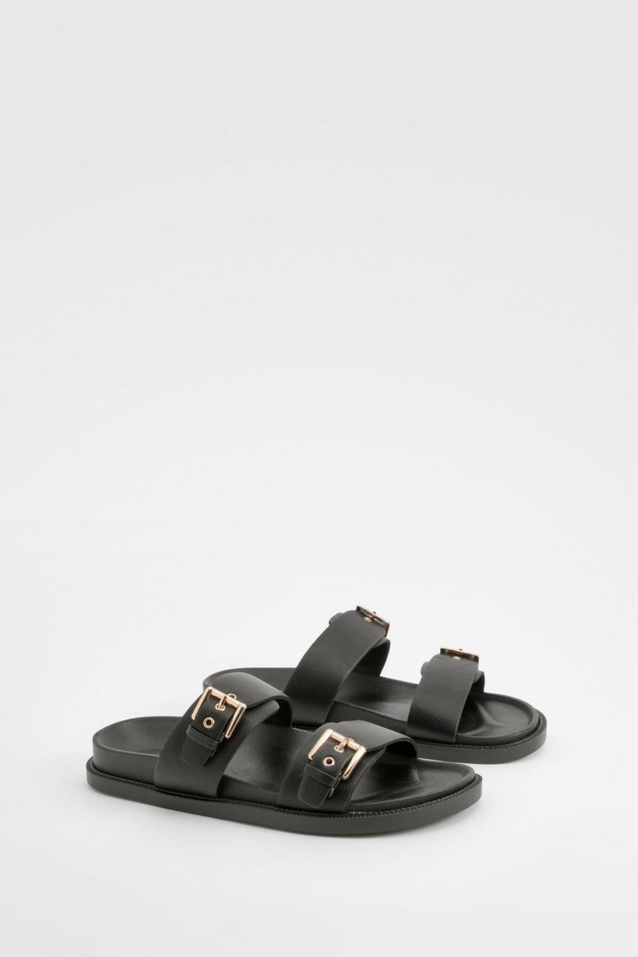 Black Double Strap Footbed Buckle Sliders  