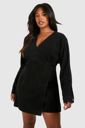 Plus Puff Sleeve Denim Wrap Dress black