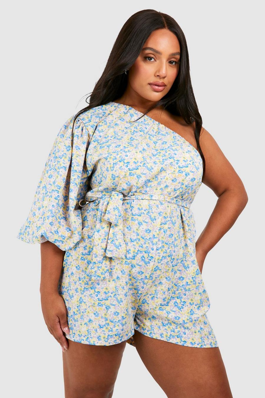 Yellow Plus Woven Ditsy Floral One Shoulder Belted Romper