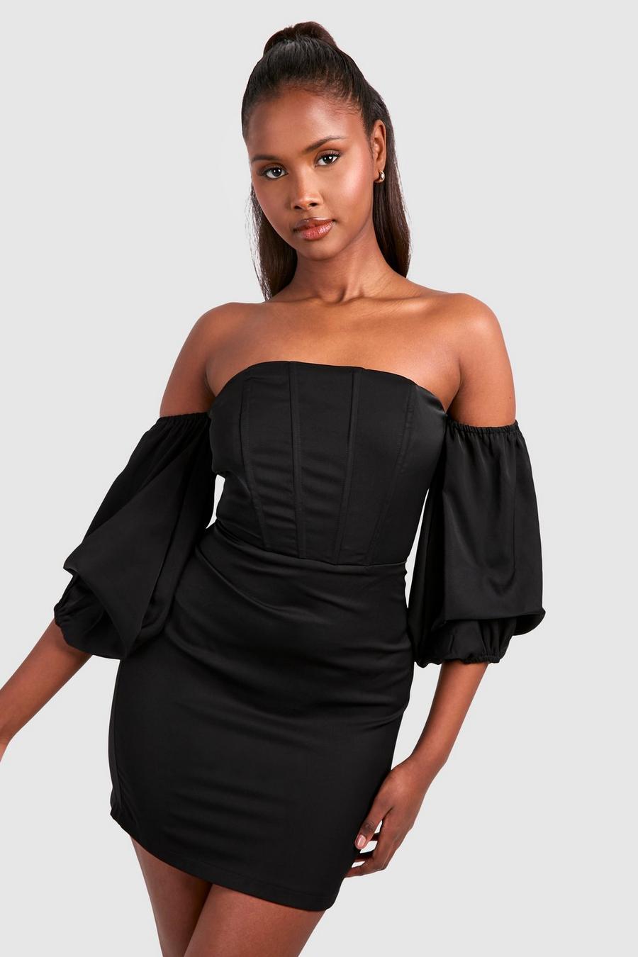 Black Corset Puff Sleeve Mini Dress image number 1