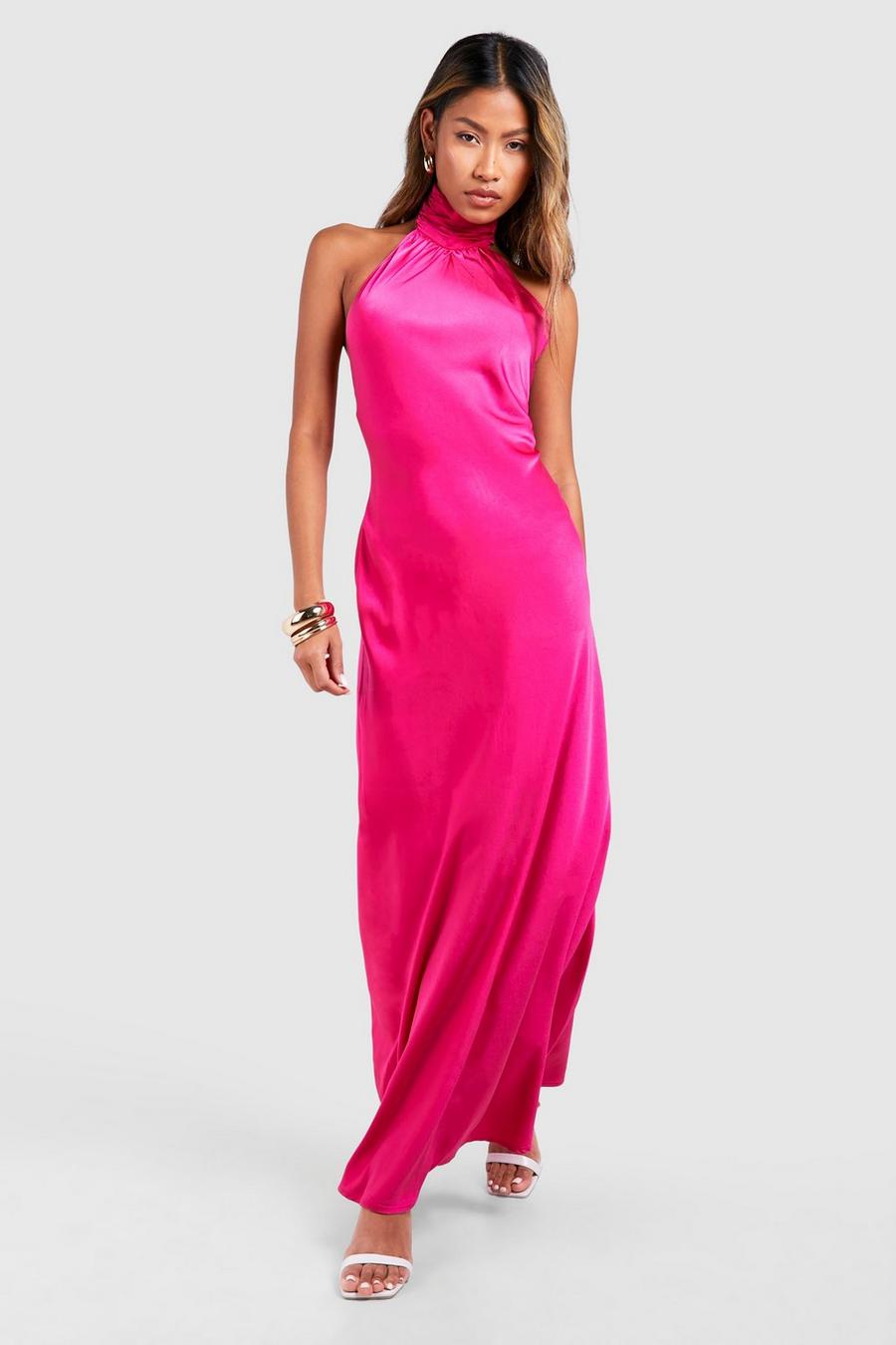 Hot pink Satin Halter Maxi Dress