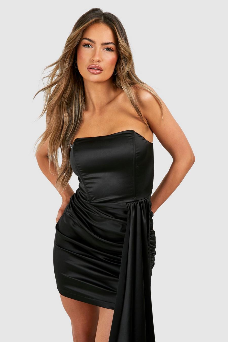 Robe courte en satin effet plissé, Black