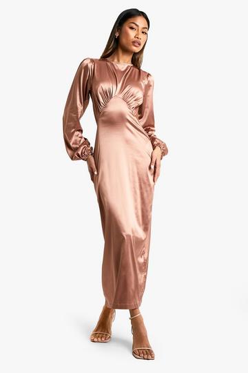 Brown Satin Puff Sleeve Tie Back Midaxi Dress