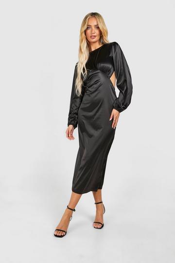 Black Satin Puff Sleeve Tie Back Midaxi Dress