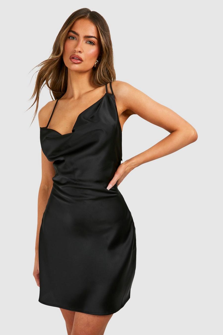 Black svart Satin Double Strap Mini Dress