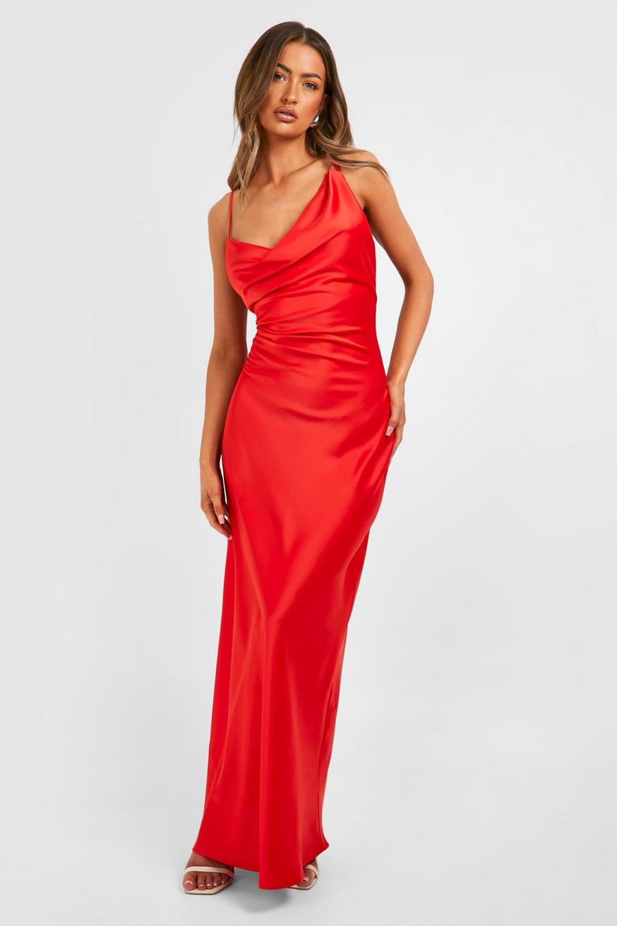 Red Satin Double Strap Midi Dress