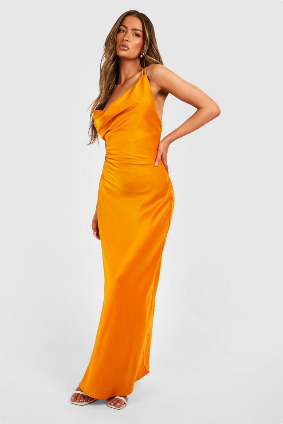 Orange Tall Bridesmaid Satin Strappy Asymmetric Maxi Dress