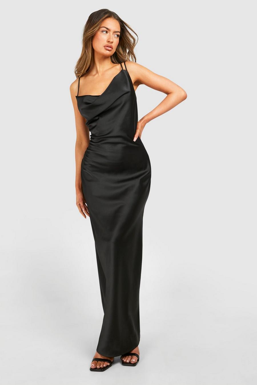 Black Tall Bridesmaid Satin Strappy Asymmetric Maxi Dress