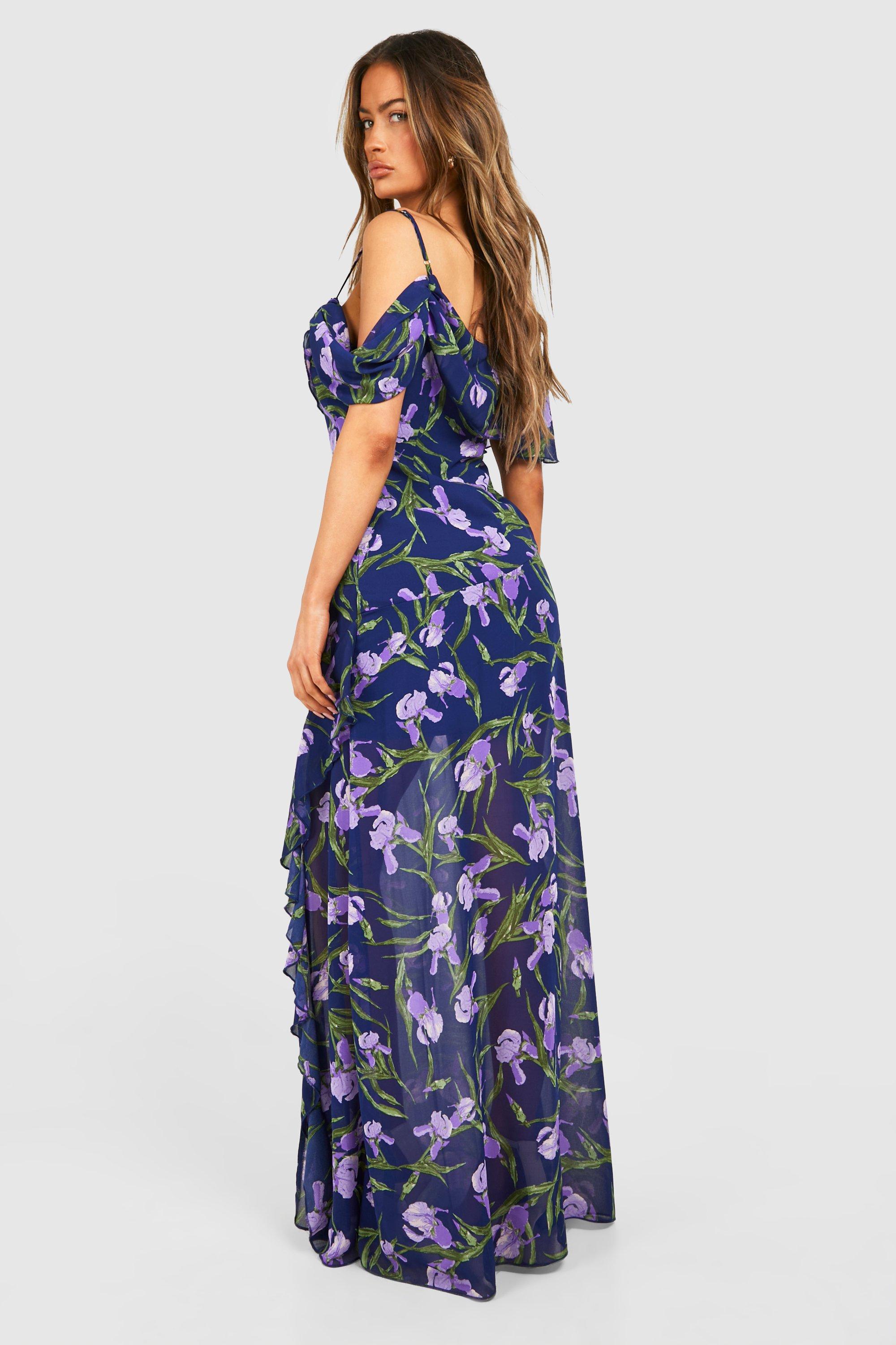 Blue floral cold shoulder dress shop