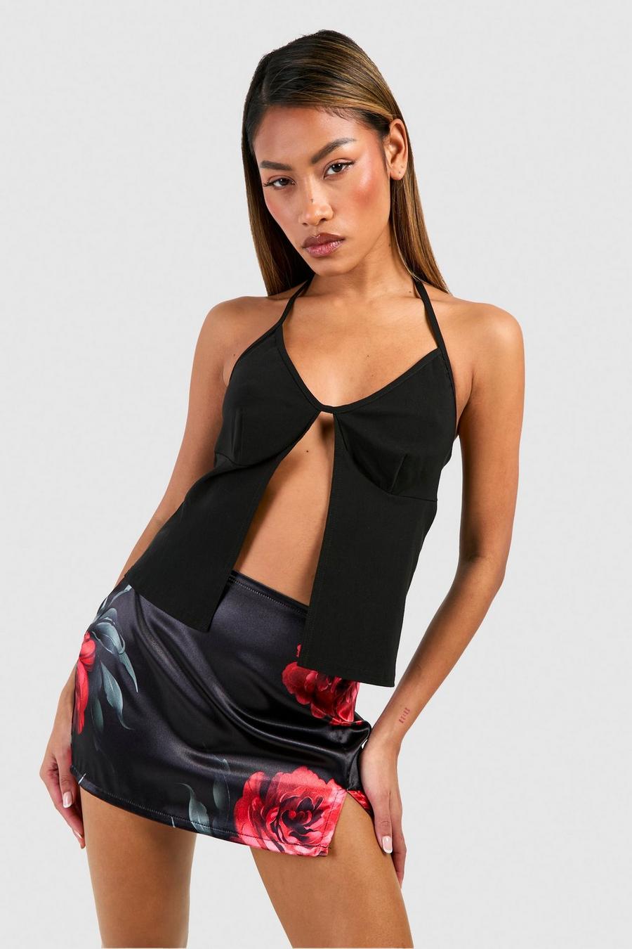 Minifalda de raso con estampado de flores, Black