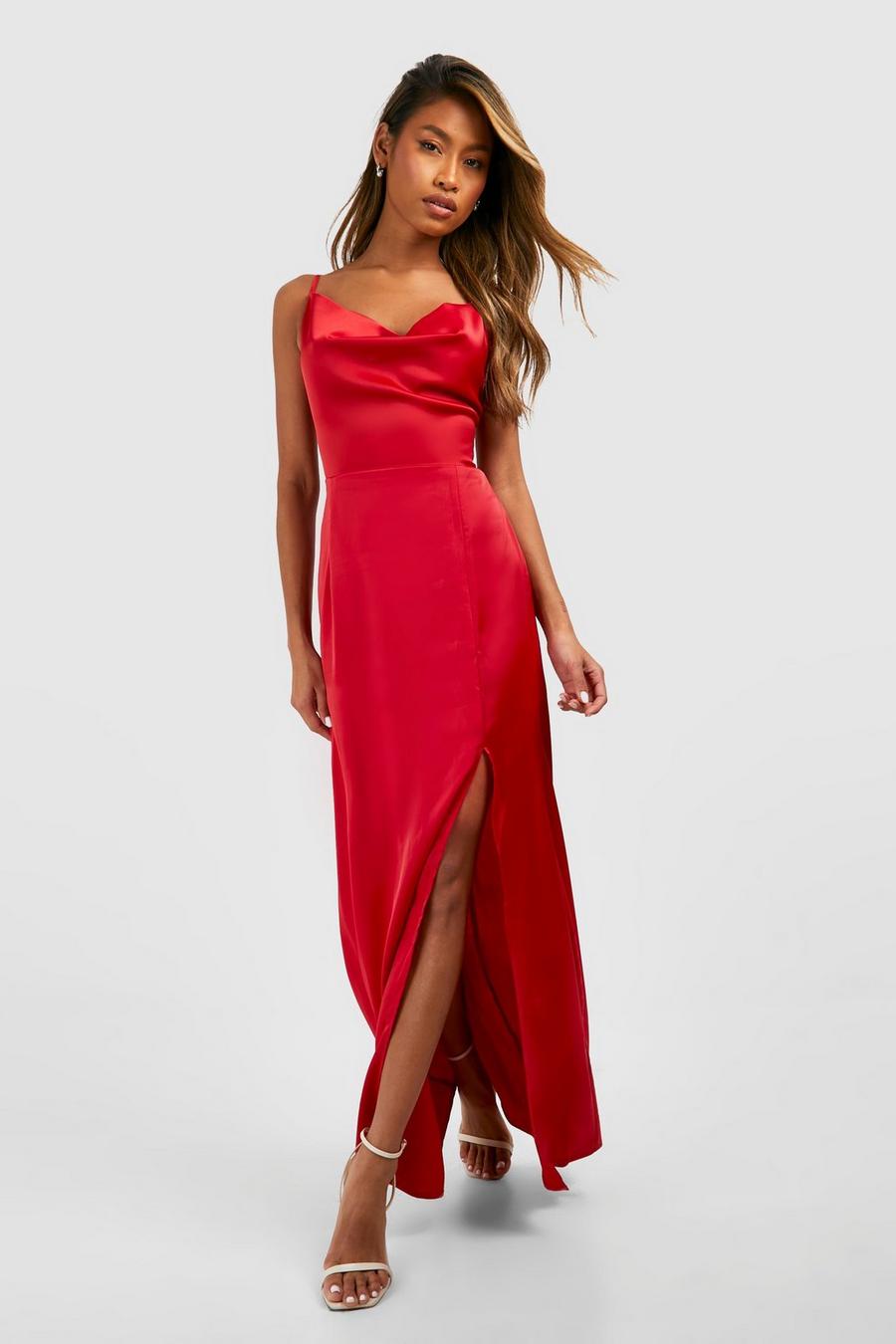 Red Satin Slip Side Split Maxi Dress