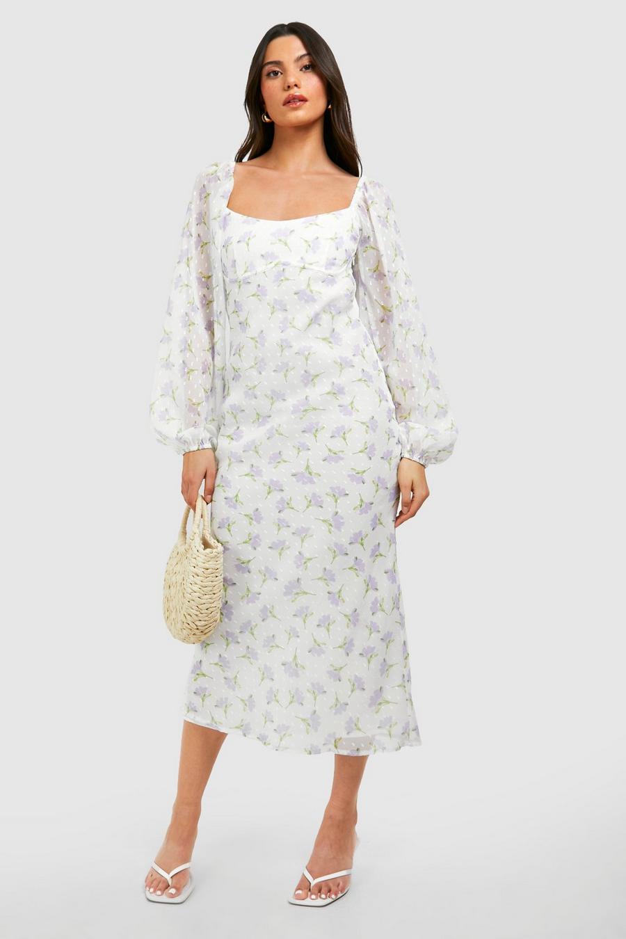 White Dobby Floral Puff Sleeve Midi Dress image number 1