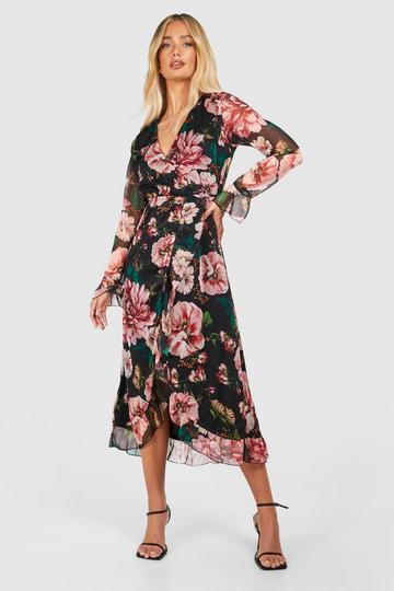 Black Floral Wrap Midaxi Dress