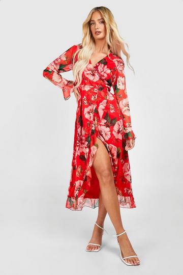 Red Floral Wrap Midi Dress