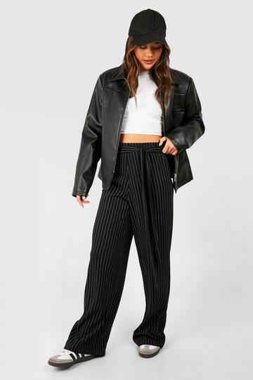 Crêpe Broek Met Ceintuur En Krijtstrepen black