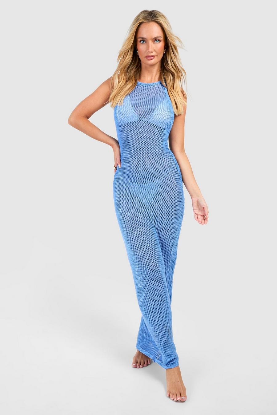 Vestido maxi para la playa de croché con escote estilo nadador, Light blue image number 1