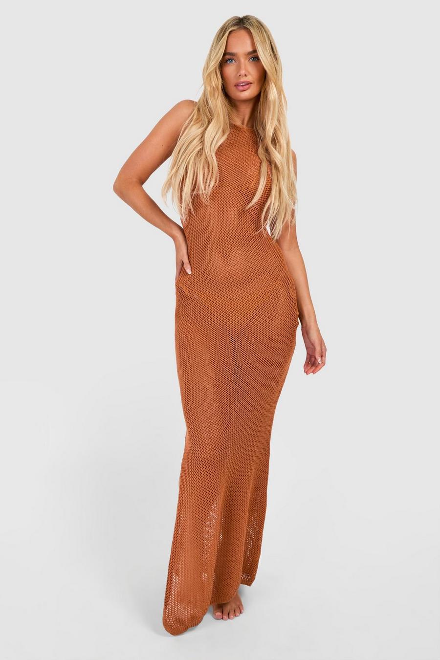 Brown Crochet Low Back Beach Maxi Dress image number 1