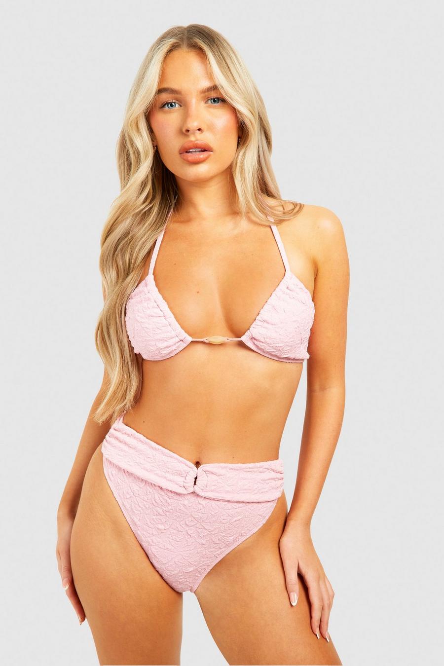 Baby pink Trim Detail Textured Halterneck Bikini Set image number 1