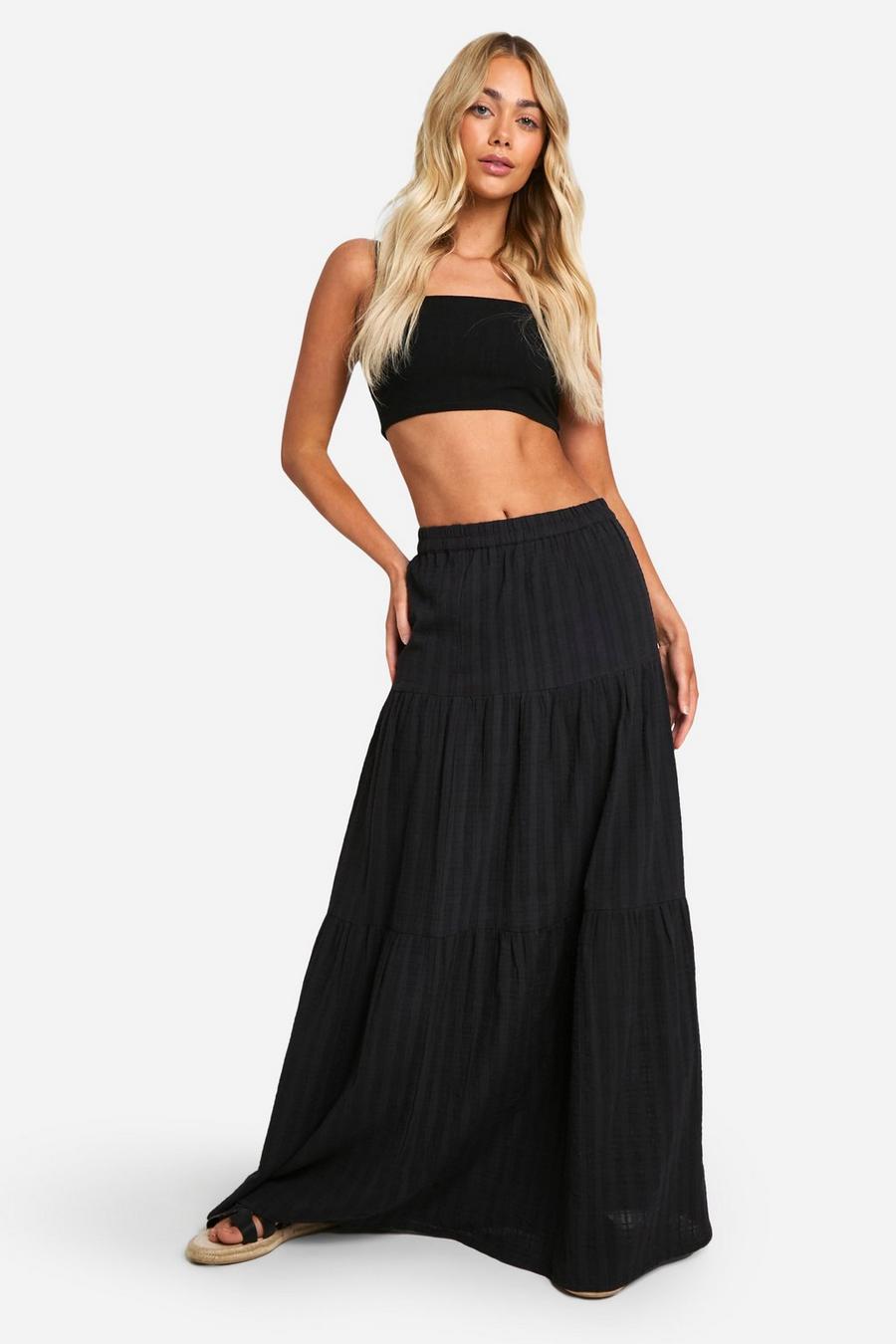 Black Textured Floaty Tiered Maxi Skirt     image number 1