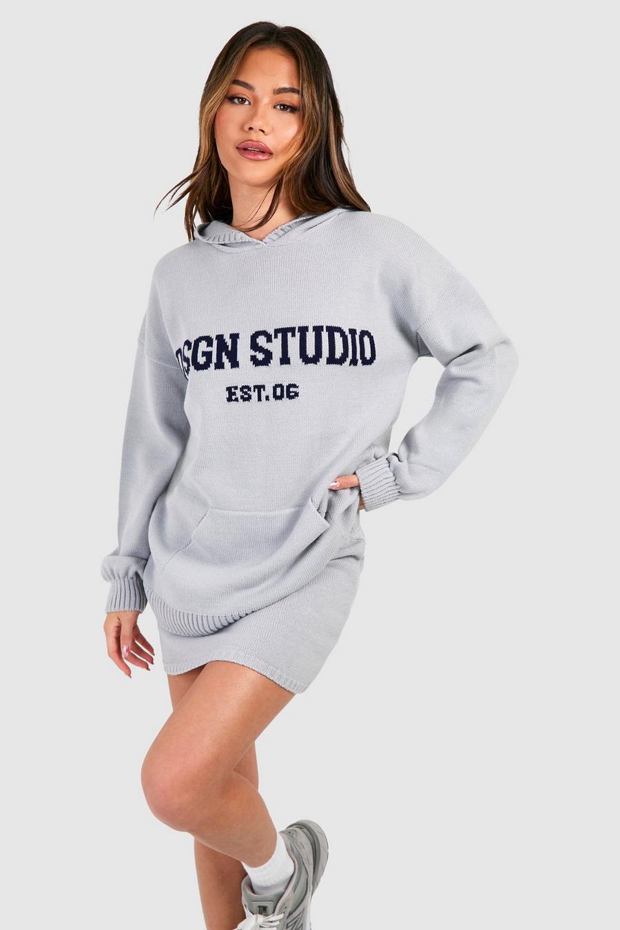 Grey Dsgn Studio Oversized Hoody And Mini Skirt Knitted Set  image number 1