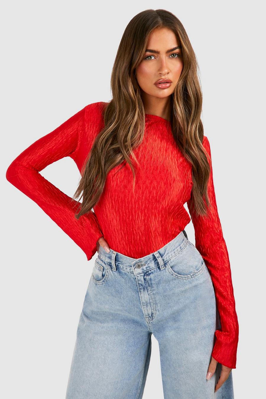 Red Metallic Flare Long Sleeve Top  image number 1