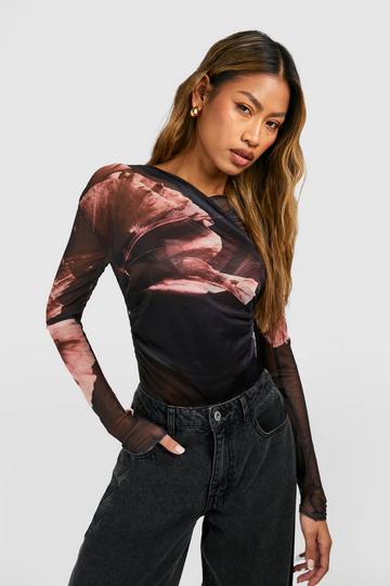 Black Floral Ruched Mesh Long Sleeve Bodysuit