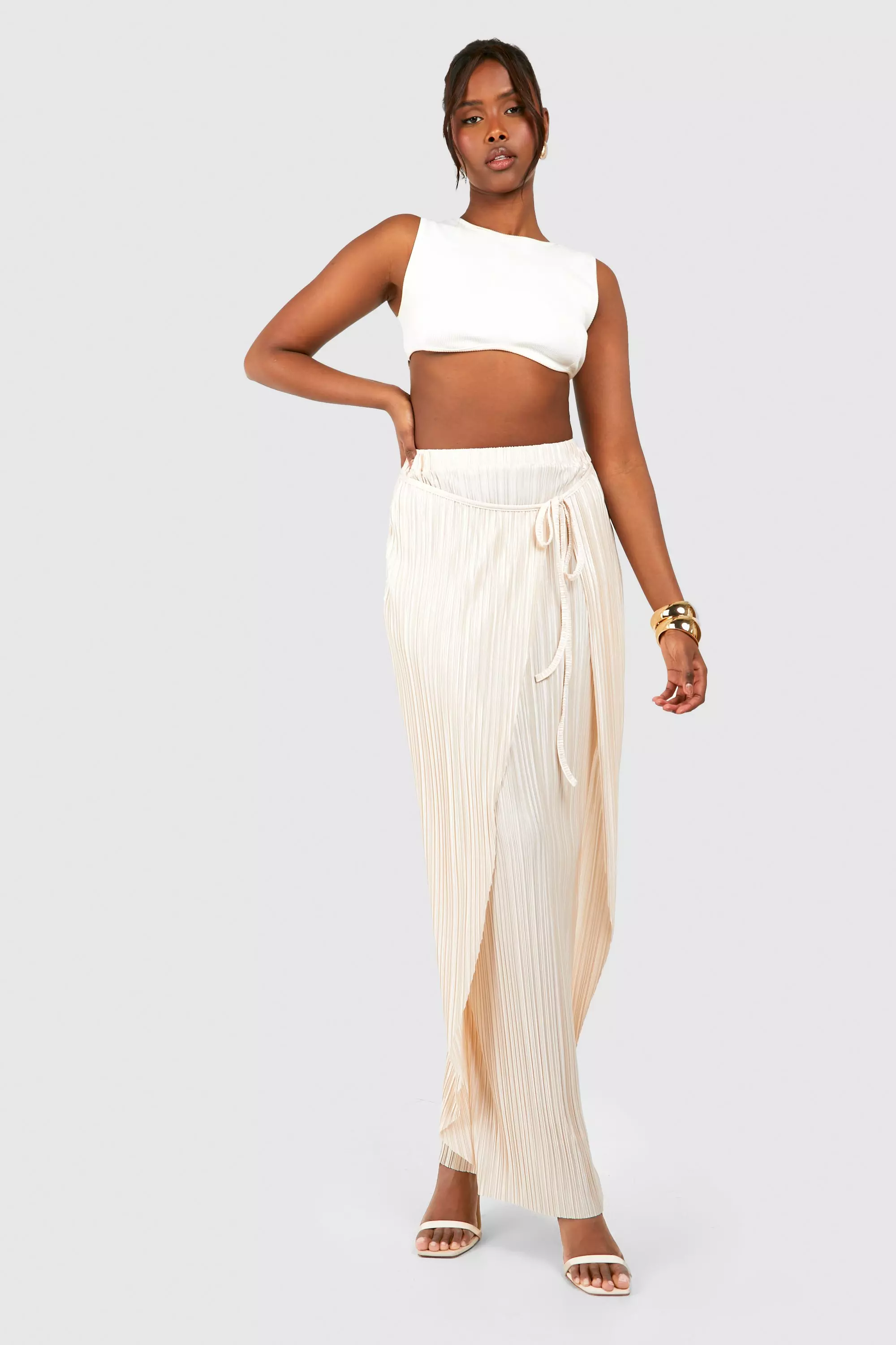 Silver Wrap Plisse Maxi Skirt  صورة بديلة