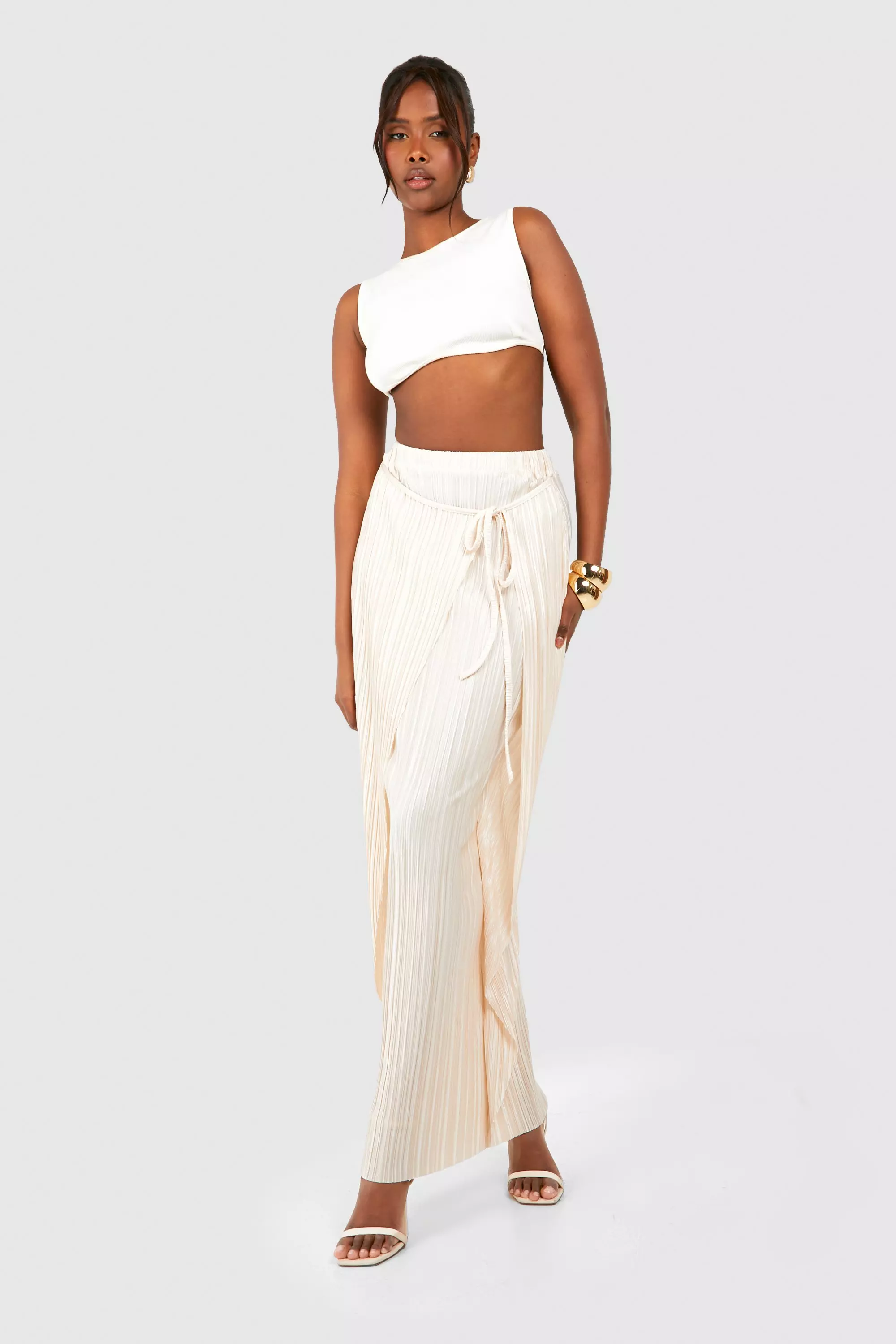 Silver Wrap Plisse Maxi Skirt  صورة بديلة
