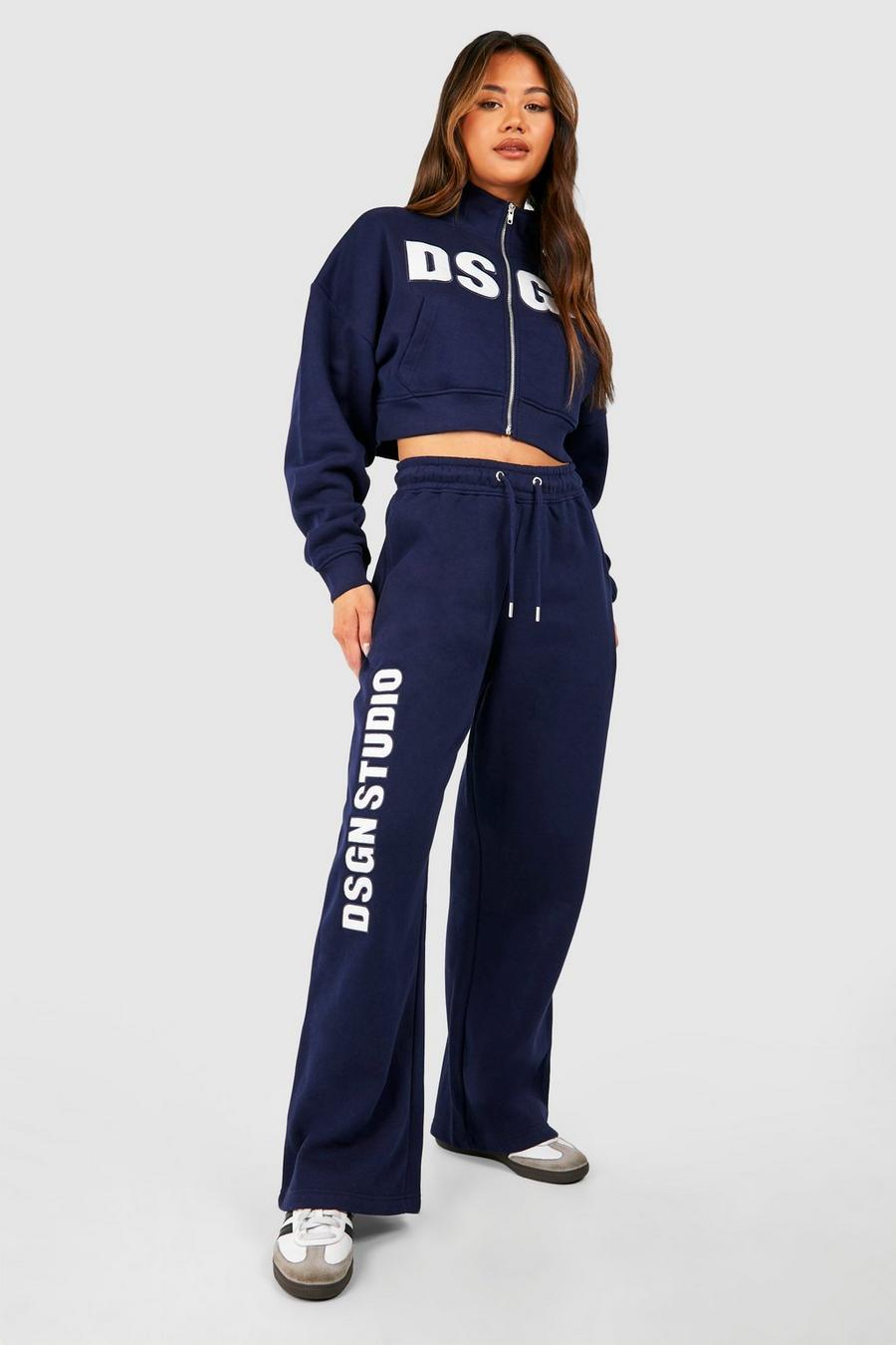 Dsgn Studio Embroidered Cropped Sweatshirt Tracksuit, Navy