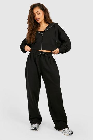 Deep Hem Crop Top 3 Piece Hooded Tracksuit black