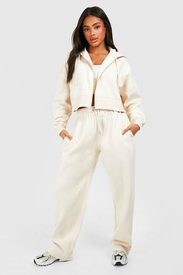 Stone Beige Deep Hem Crop Top 3 Piece Hooded Tracksuit