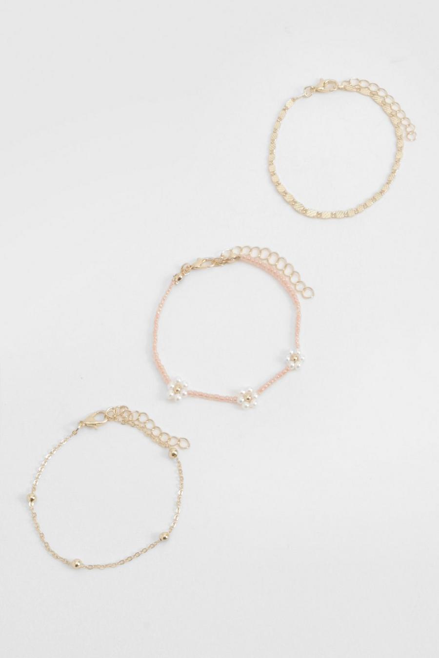 Gold Blommiga armband med pärlor (3-pack) image number 1