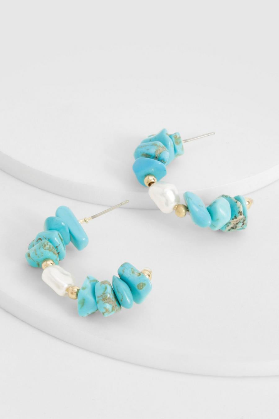 Turquoise Pearl Beaded Detail Hoop Earrings image number 1