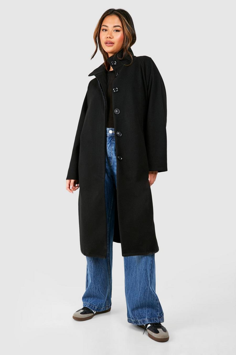 Black Belted Oversized Wool Look Coat image number 1