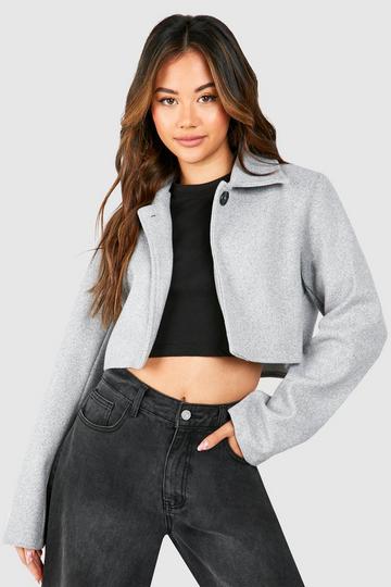 Grey Cropped Asymmetric Wool Look Jacket
