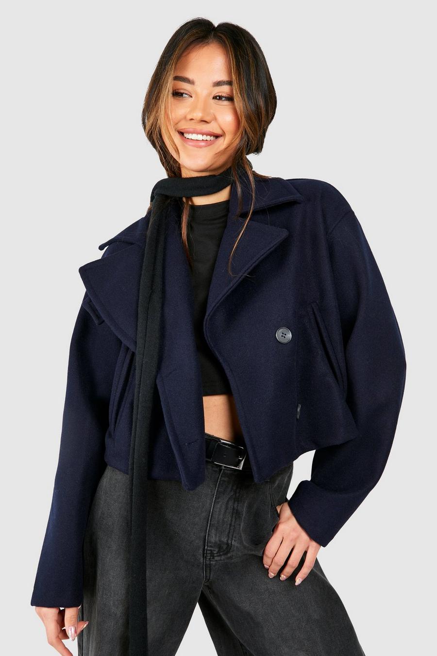Navy Wool Look Cropped Trench Coat image number 1