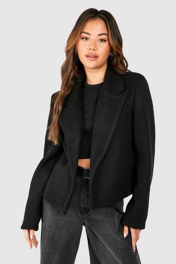 Black Shoulder Pad Cropped Wool Look Jacket