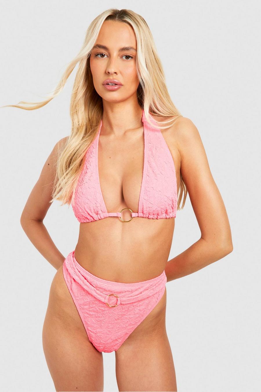 Bright pink Tall O-ring Detail Crinkle Bikini Set image number 1