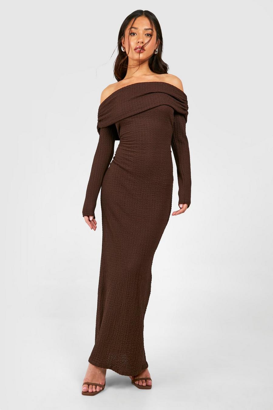 Chocolate Petite Crinkle Texture Off The Shoulder Maxi Dress