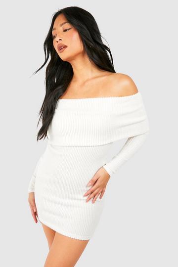 Petite Brushed Rib Bardot Mini Dress ivory