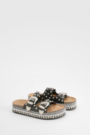 Black Western Buckle Detail Flatform Sandals