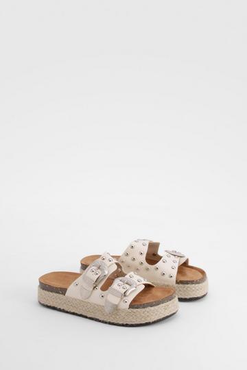 Western Buckle Detail Flatform Sandals cream